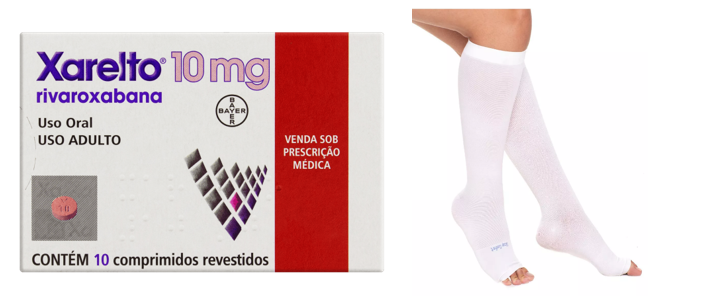 Anti-coagulante oral e meias elásticas de baixa compressão para prevenção da trombose.